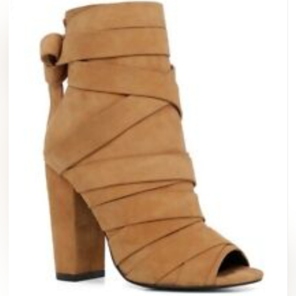 Size 6.5 ALDO Tan/Beige Rigoli Suede Wrap Peep Toe Block Heel